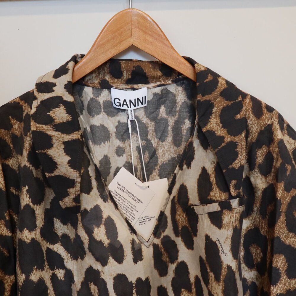 NWT GANNI leopard print top blouse short sleeve semisheer lightweight 36 breezy - Picture 7 of 16